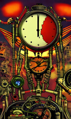 Generative AI, weidcore based vivid impact images depicting steampunk and clockpunk retro styled sci fi scenes 