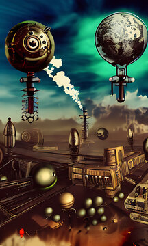 Generative AI, weidcore based vivid impact images depicting steampunk and clockpunk retro styled sci fi scenes 