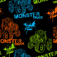 Abstract seamless grunge pattern for boy. Urban style modern background with Monster Truck car, trace of tire. Drive and speed modern creative wallpaper for guys. Extreme style © artlavi_design