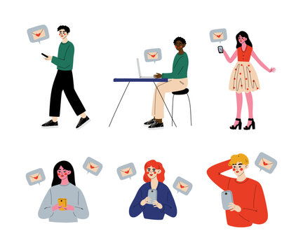 People chatting online on their smartphones and computers set. Young men and women sending messages to each other cartoon vector illustration