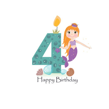 Cute Little Mermaid Fourth Birthday Card Four Candle And Marine Life