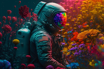 Fototapeta na wymiar astronaut exploring an flower planet, Generative AI