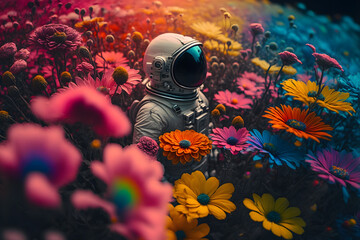 astronaut standing in colorful flowers, Generative AI