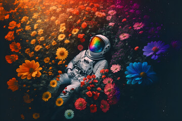 Astronaut laying in a field of flowers, Generative AI