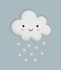 Baby Shower Vector Illustration with Cute Kawaii Cloud on a Light Blue Background. Fluffy Smiling Cloud and Rain of Stars. Sweet Nursery Art ideal for Card, Wall Art, Poster. Boys Room Decoration.