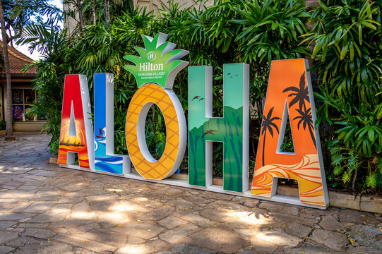 Honolulu, Hawaii - December 30, 2022: Aloha Sign At The Hilton Hawaiian Village.