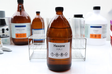 Hexane in bottle , chemical in the laboratory and industry