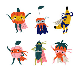 Superhero fruit and vegetables set. Happy pumpkin, cherry, banana, peach, cucumber, strawberry in cape and mask cartoon vector illustration