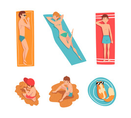 View from above of sunbathing people set. Young men and women lying on towels on beach sand cartoon vector illustration