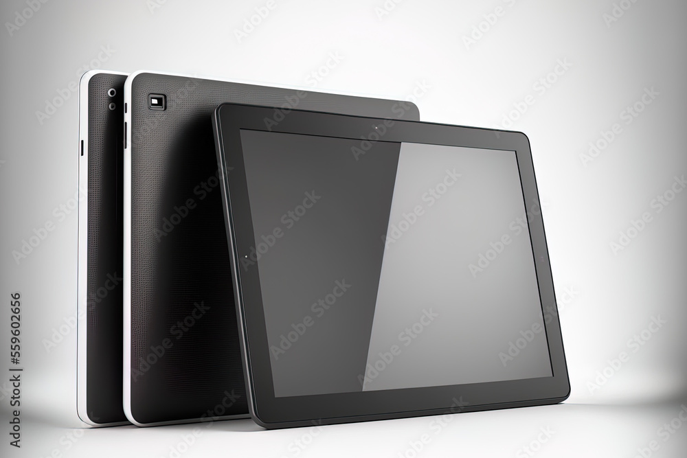Poster on a white backdrop, a modern black tablet computer is separated. screen and tablet computer with cl