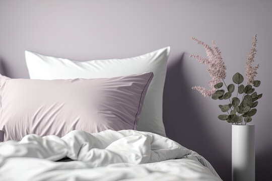 a close up shot of a mockup bed in white with a pastel mauve backdrop, a white pillow cover, a white bed sheet, and a white blanket. Generative AI