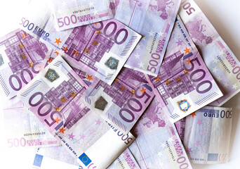 Banknotes of 500 euros in a mess close-up