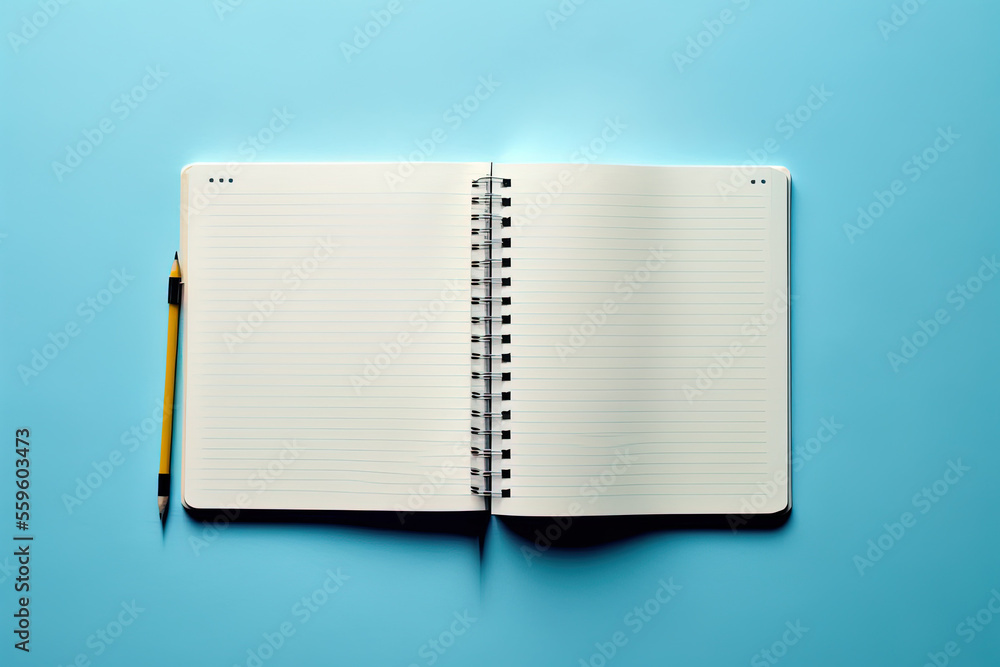 Poster top view of open spiral blank notebook on blue background. generative ai