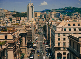 A panoramic view on a main street in Genoa - Via Garibaldi. Italy, 2022