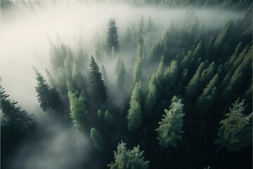 Ominous black tree forest covered in fog landscape background