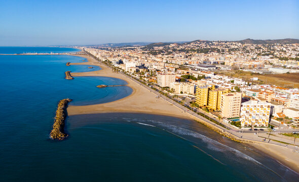View from drone of Cunit beach and mediterranean sea at Catalonia, Spain