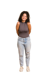 Young african american woman with curly hair cut out isolated happy, smiling and cheerful.