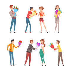 Obraz premium Men giving women bouquet of flowers set. Romantic couples having dates cartoon vector illustration