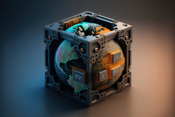 Obraz premium A3d rendered Earth globe sphere contained in a metallic structure, generative ai