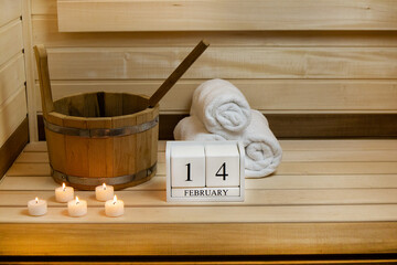 Valentine's Day, sauna. February 14 calendar, candles are burning, a bucket .. The concept of...