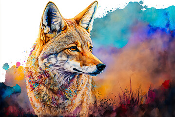 Coyote watercolor painting. Generative AI - obrazy, fototapety, plakaty