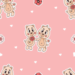 Obraz premium Romantic seamless pattern. Cute enamored bears on pink background with hearts. Vector illustration in doodle style. Endless background for valentines, wallpapers, packaging, print.