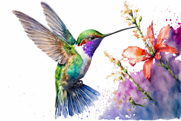 Hummingbird watercolor painting. Generative AI - obrazy, fototapety, plakaty