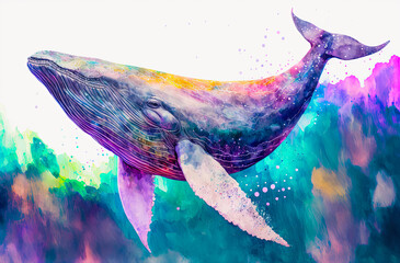 Humpback whale watercolor painting. Generative AI - obrazy, fototapety, plakaty