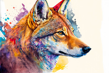 Red wolf watercolor painting. Generative AI