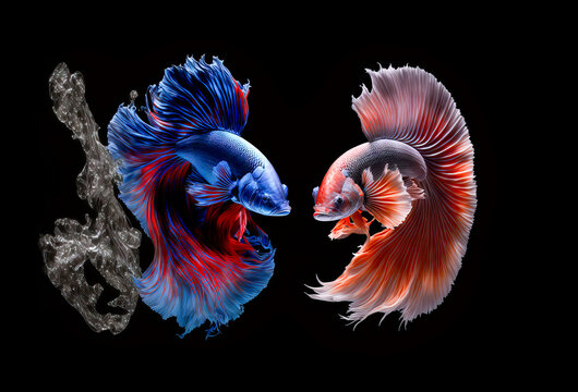 Multi color Siamese fighting fish Rosetail and halfmoon fighting fish, Betta Splendens.  Aggressive colorful Chinese fighting fish on black background.  Created with Digital Art. 