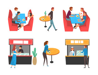 People sitting at tables and eating fast food set. People selling and buying meal at food court in shopping mall or business center cartoon vector