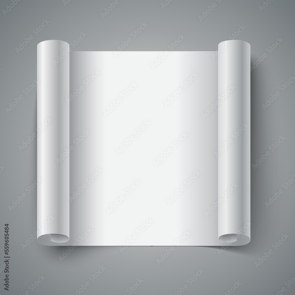 Poster curled white paper leaf with realistic shadows on grey background mockup