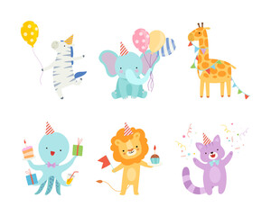 Set of cute adorable animals celebrating birthday set. Amusing zebra, elephant, giraffe, octopus, lion, cat at party hats holding party flags, gifts, inflatable balloons cartoon vector