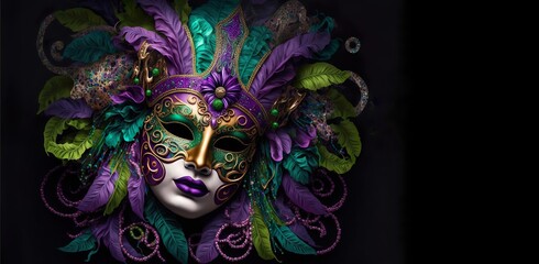 Mardi Gras Mask in Purple, Gold, and Green. 9Generative AI)