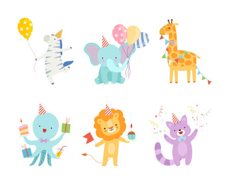 Set of cute adorable animals celebrating birthday set. Amusing zebra, elephant, giraffe, octopus, lion, cat at party hats holding party flags, gifts, inflatable balloons cartoon vector