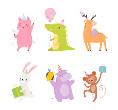 Set of cute adorable animals celebrating birthday set. Amusing piglet, crocodile, deer, bunny, hippo, monkey at party hats holding party gifts and inflatable balloons cartoon vector