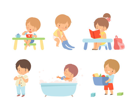Little independent children set. Boys and girls getting dressed, cleaning up toys, bathing and eating cartoon vector illustration