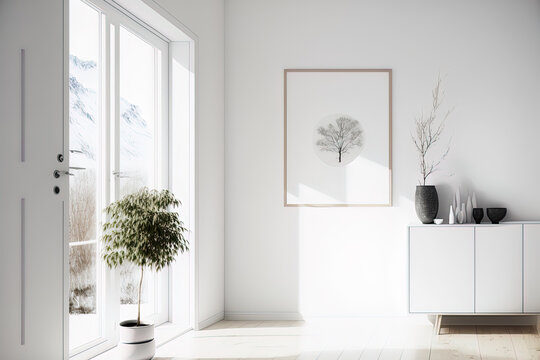 Interior of a white, minimalist room with vases on a hardwood floor, decorations on a large wall, and a white landscape beyond the window. Interior scenery Nordic interior design. Generative AI