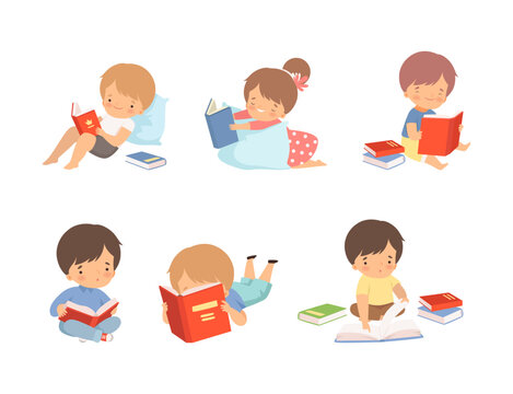 Preschool children reading books while lying and sitting on floor set. Cute kids literature fans. Education, hobby concept cartoon vector illustration