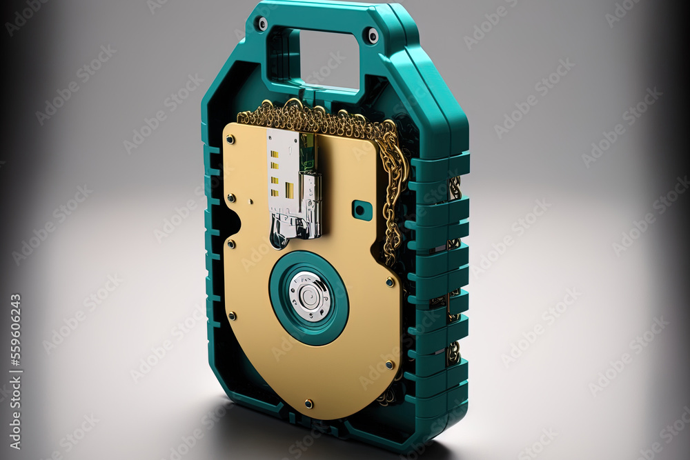 Poster the hard drive is wrapped with a chain with a padlock. generative ai