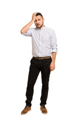 Fototapeta premium Full body adult latin man cut out isolated tired and very sleepy keeping hand on head.