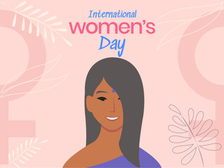 Indian woman celebrating international women's day around flowers and plants on a pink background.