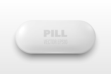Vector 3d Realistic White Oval Horizontal Pharmaceutical Medical Pill, Capsule, Tablet Icon Closeup Isolated on White Background. Top View. Medical Concept