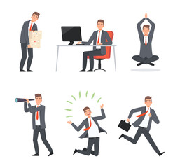Set of businessman taking part in business activities. Man rushing to work, celebrating success, meditating, looking through spyglass cartoon vector illustration