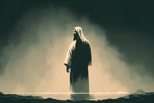 hazy image of a guy in a biblical robe standing in the water. Generative AI