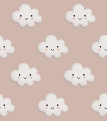 Baby Shower Vector Seamless Pattern with Cute Kawaii Clouds on a Light Pink Background.Fluffy Smiling Clouds on a Pastel Sky. Sweet Nursery Print ideal for Fabric, Textile, Wrapping Paper.