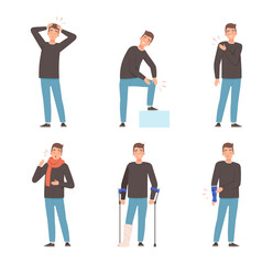 Obraz premium Man feeling pain in body caused by illness or injury set. Man suffering from sore throat, headache, pain in knee, shoulder, arm cartoon vector illustration