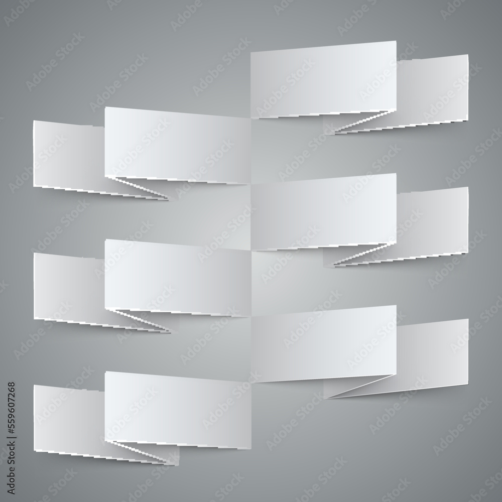 Poster infographics 6 options folded white paper stripe banners with realistic shadows on grey background