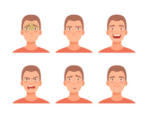 Face expressions of young man set. Male character with sceptic, angry, happy, upset, cheerful face cartoon vector illustration
