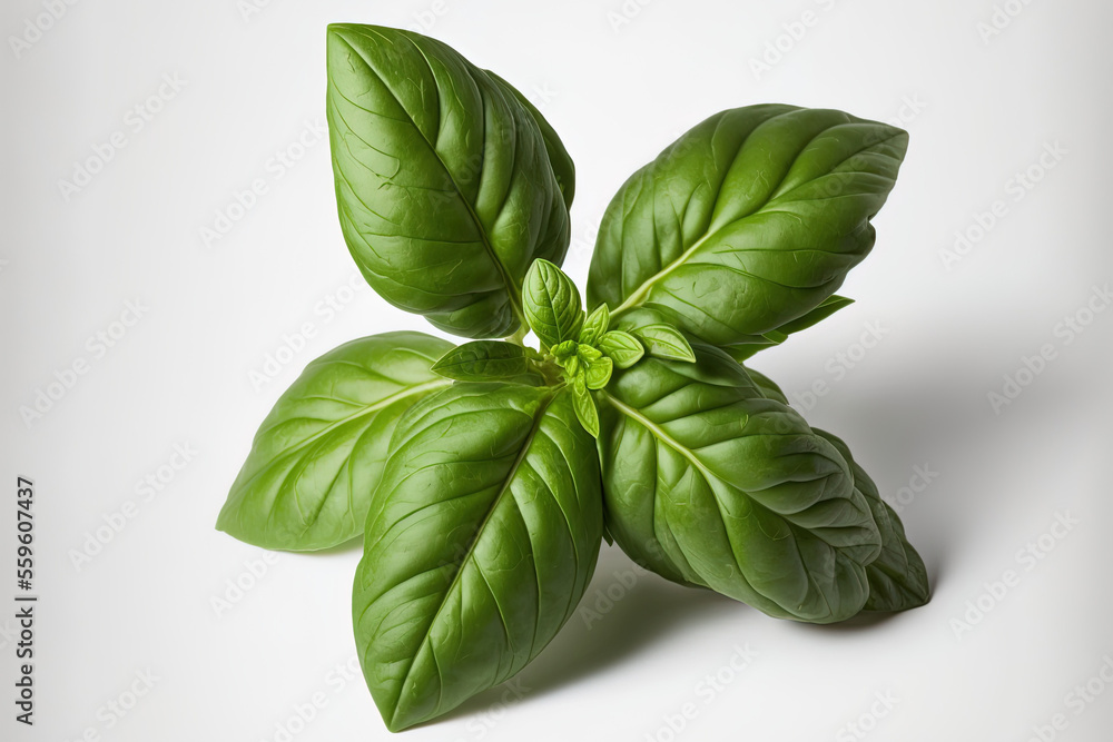 Poster On a white background, solitary fresh basil leaves. Generative AI